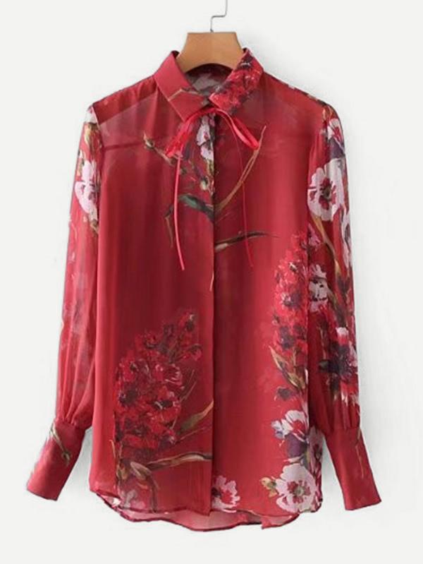 Romwe Floral Print Tie Neck Chiffon Blouse