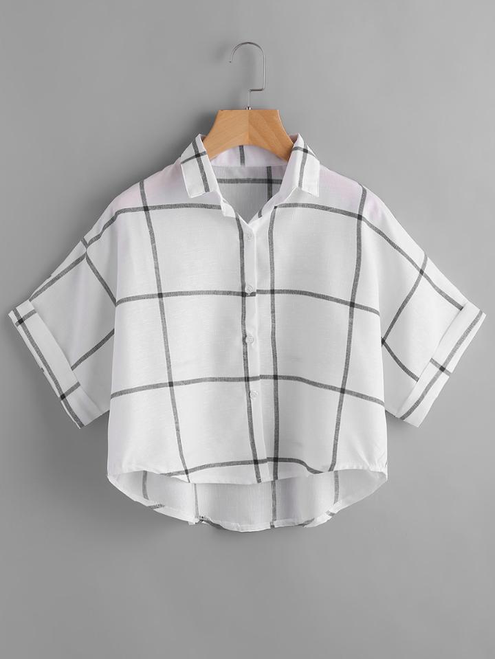 Romwe Gingham Print Dip Hem Cuffed Blouse