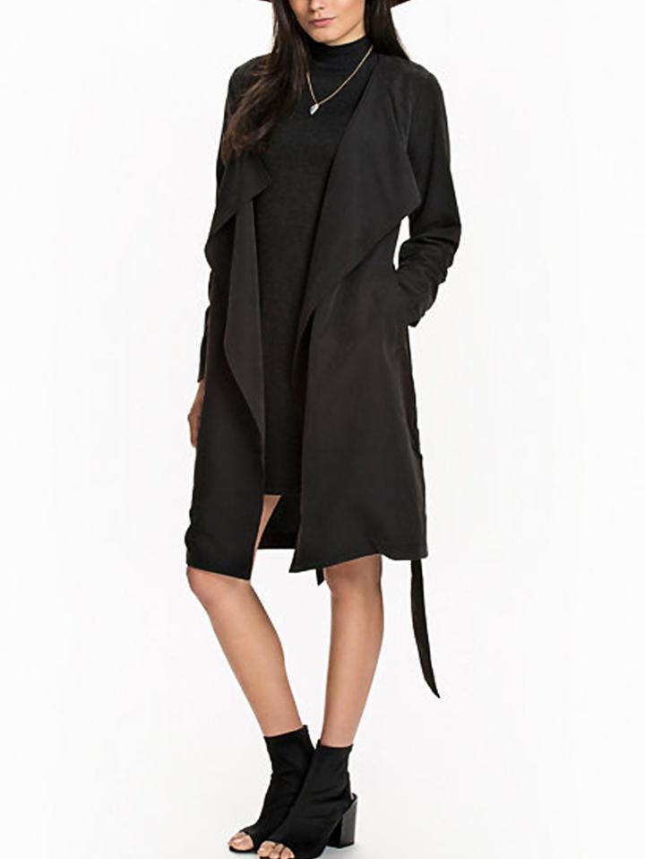 Romwe Black Waterfall Belted Wrapped Coat