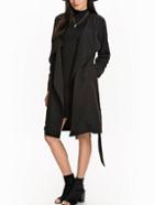 Romwe Black Waterfall Belted Wrapped Coat