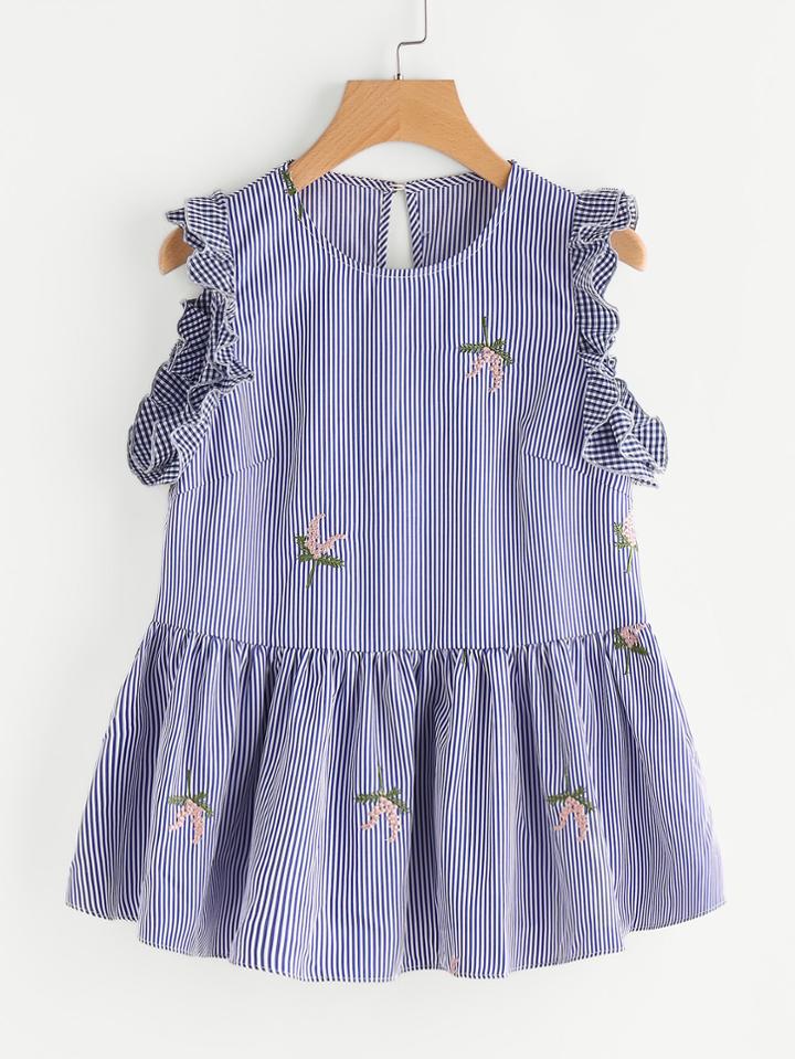Romwe Buttoned Closure Back Frill Trim Embroidered Peplum Top