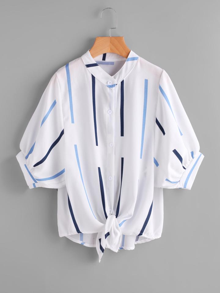 Romwe Printed Knot Front Single Breasted Blouse