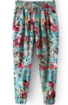Romwe Elastic Waist With Pockets Florals Green Pant