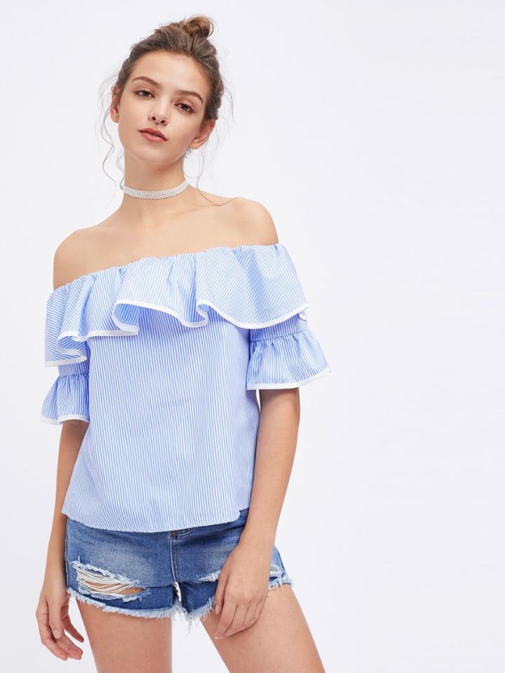 Romwe Flounce Layered Neckline Pinstripe Top