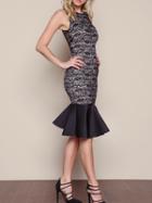 Romwe Black Sleeveless Lace Fishtail Dress