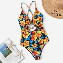 Romwe Random Floral Criss Cross One Piece Swimwear