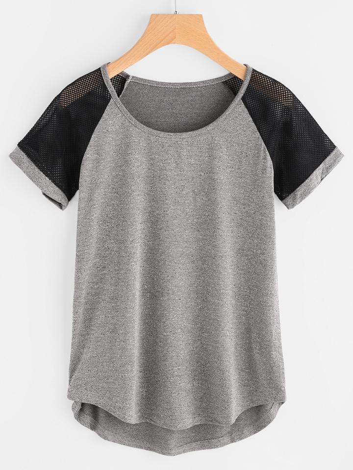 Romwe Contrast Fishnet Mesh Raglan Sleeve Slub Tee