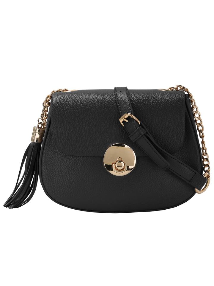 Romwe Black Turn Lock Flap Fringe Saddle Bag