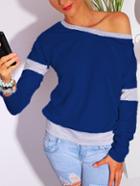Romwe Round Neck Long Sleeve Royal Blue Sweatshirt