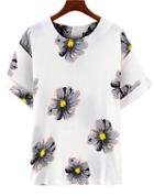 Romwe With Zipper Flower Print Top