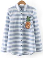 Romwe Blue Striped Pineapple Embroidery Pocket Blouse