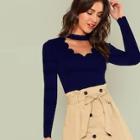 Romwe Choker Neck Scallop Trim Tee