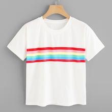 Romwe Colorful Striped Panel Tee