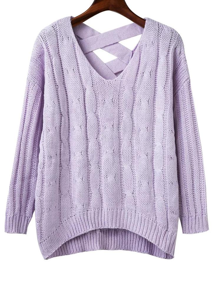 Romwe Purple Criss Cross Back V Neck Sweater