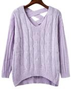Romwe Purple Criss Cross Back V Neck Sweater