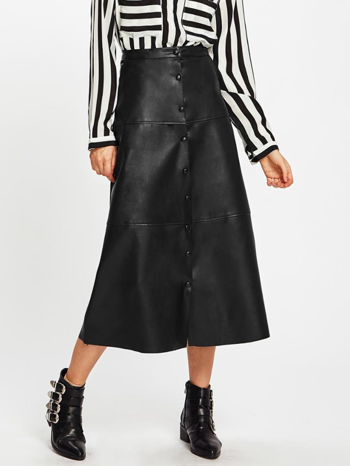 Romwe Button Up Pu Midi Skirt