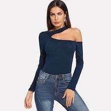 Romwe Solid Asymmetrical Neck Tee