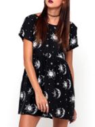 Romwe Short Sleeve Sun Moon Stars Print Shift Dress