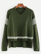 Romwe Army Green V Neck High Low Striped Trim Sweater