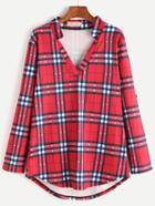 Romwe Red V Neck High Low Curved Hem Plaid Blouse