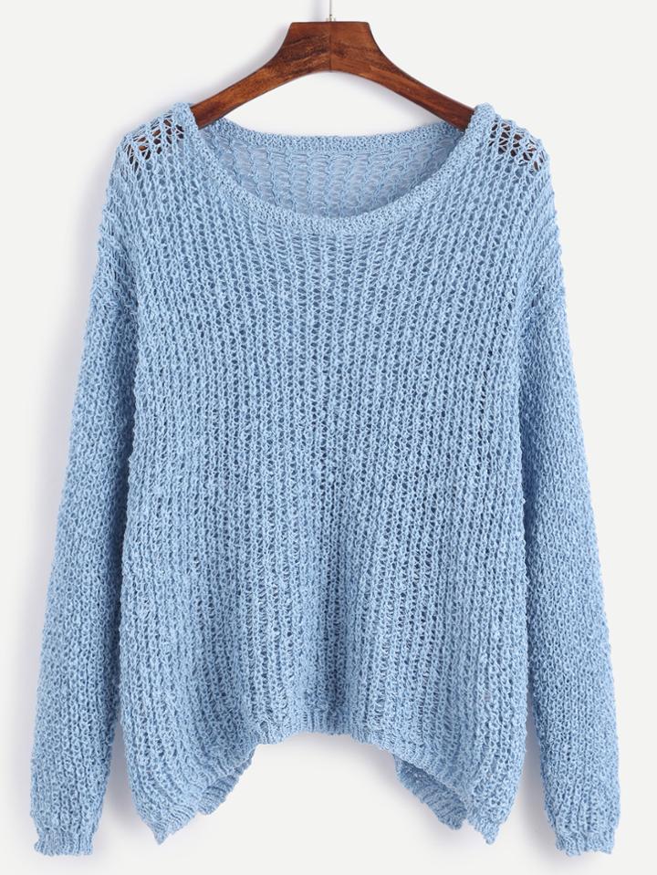 Romwe Blue Dropped Shoulder Seam Loose Sweater