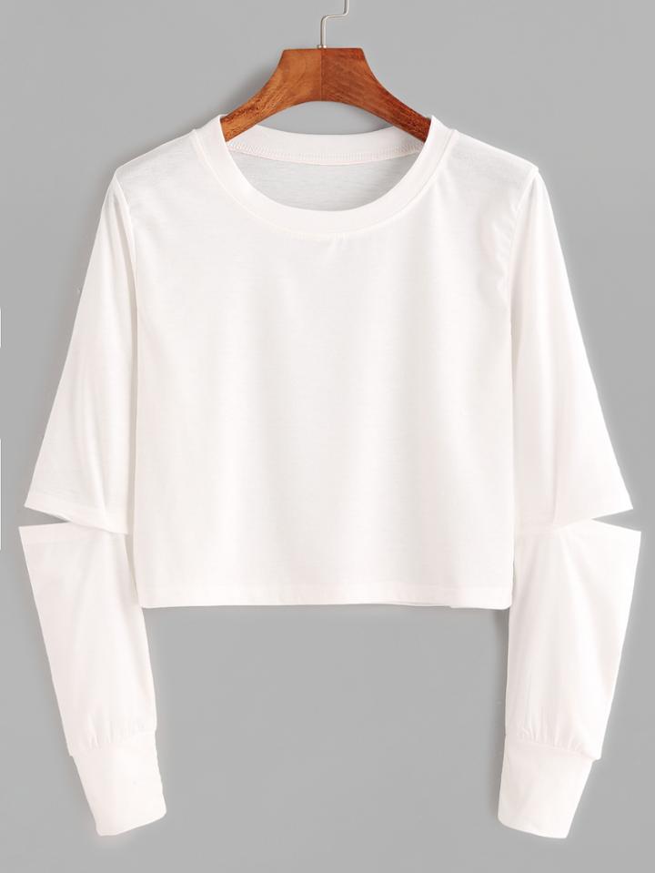 Romwe Beige Cut Out Sleeve Crop Sweatshirt