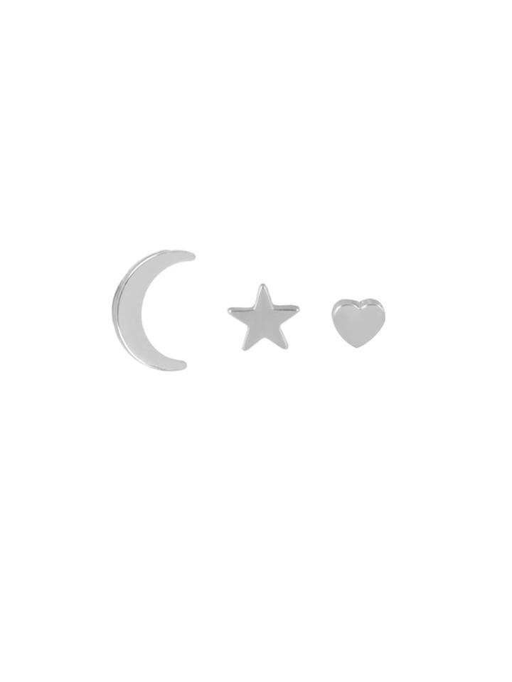 Romwe 3 Pairs/set Silver Color Moon Heart Star Trendy Earrings