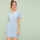 Romwe V-neck Button Through Solid Dress