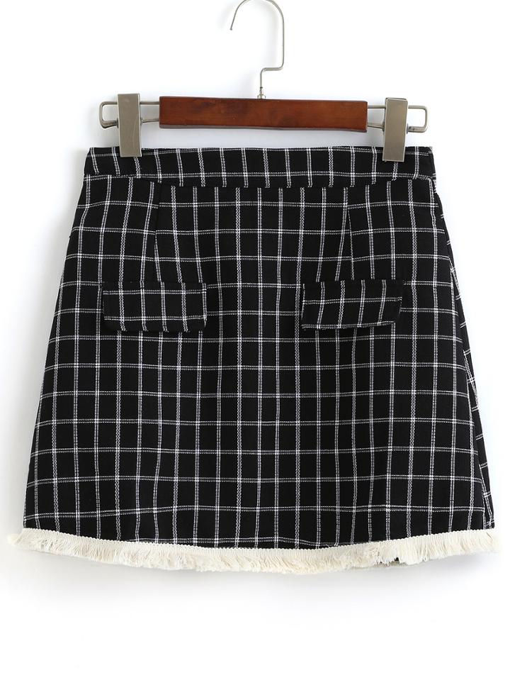 Romwe Plaid Tassel Pockets Skirt