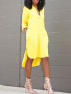Romwe Deep V Neck High Low Shirt Yellow Dress