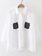 Romwe White High Low Blouse With Embroidery Pocket