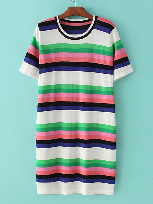 Romwe Blue Round Neck Stripe Shift Dress