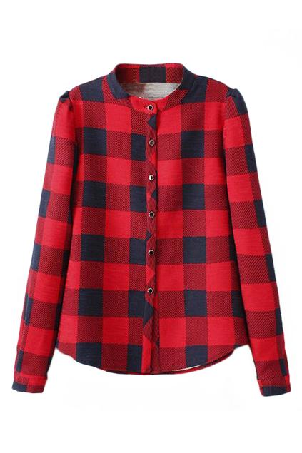 Romwe Thickening Check Print Red Shirt