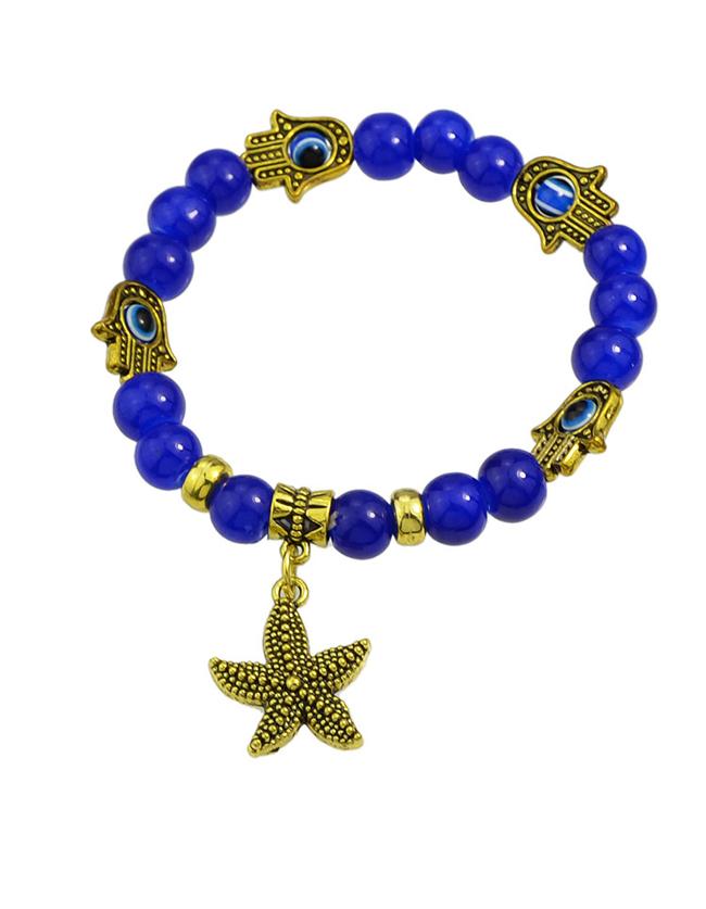 Romwe Blue Beads Starfish Charm Elastic Bracelet