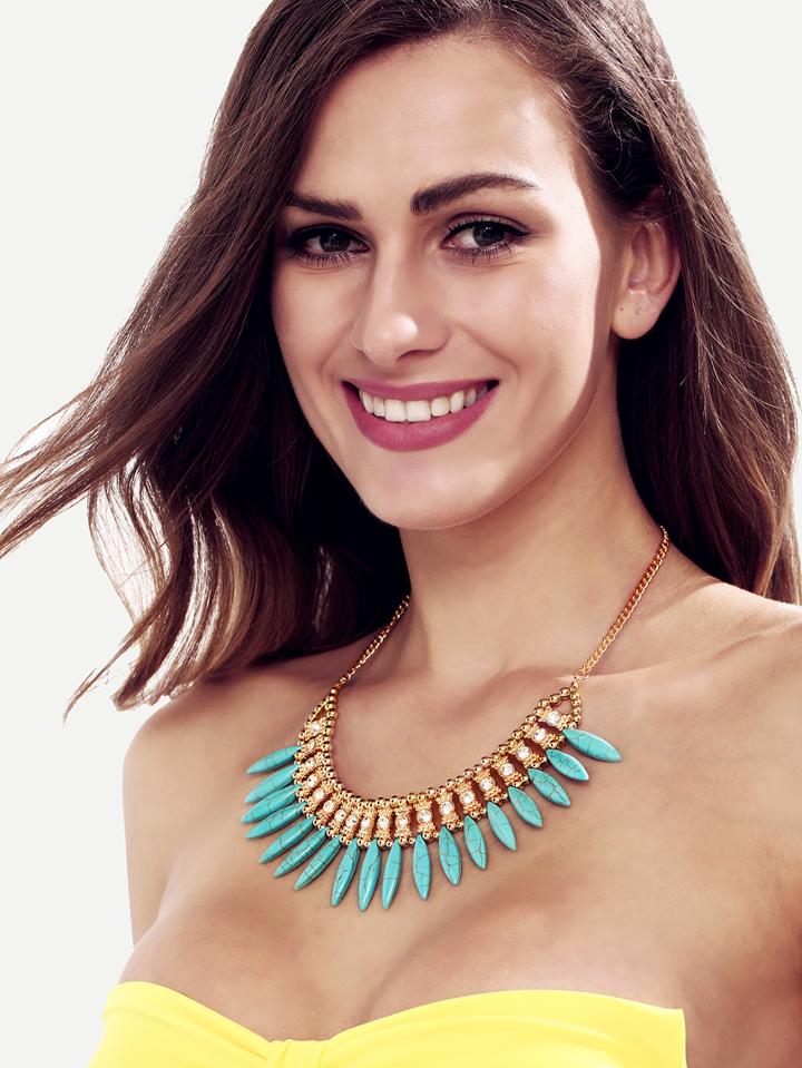 Romwe Blue Turquoise Rhinestone Pendant Necklace