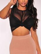 Romwe Black Mesh Overlay Knotted Front Crop Top