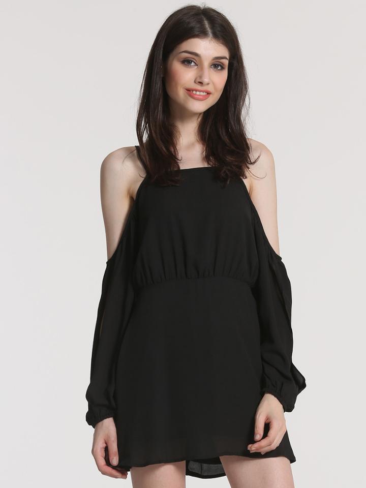 Romwe Black Spaghetti Strap Off The Shoulder Dress