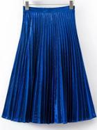 Romwe Blue Pleated A Line Midi Skirt
