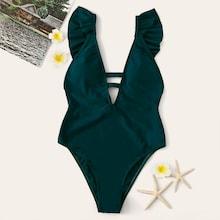 Romwe Deep-v Ruffle Cut-out One Piece Swimwear