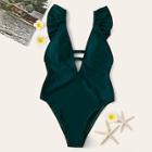 Romwe Deep-v Ruffle Cut-out One Piece Swimwear