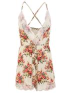 Romwe Lace Trimmed Floral Print Cami Romper