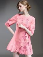 Romwe Pink Round Neck Half Sleeve Embroidered Hollow Dress