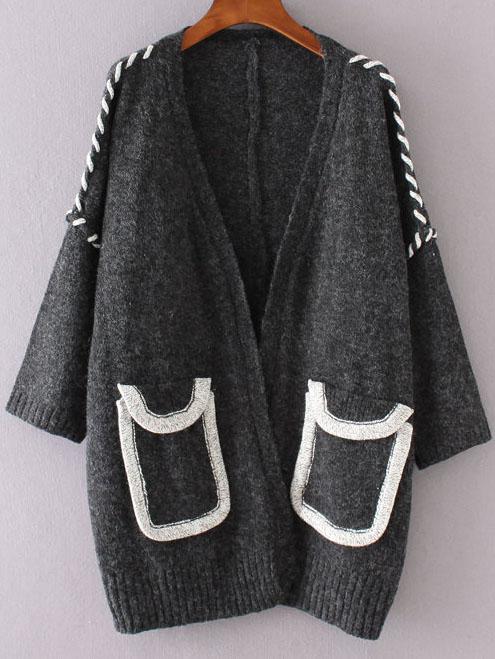 Romwe Grey Collarless Drop Shoulder Pocket Cardigan