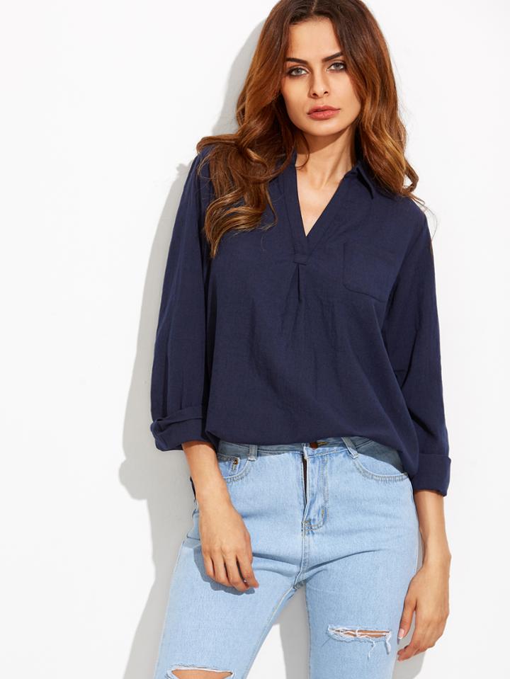 Romwe Navy Lapel Pocket Blouse