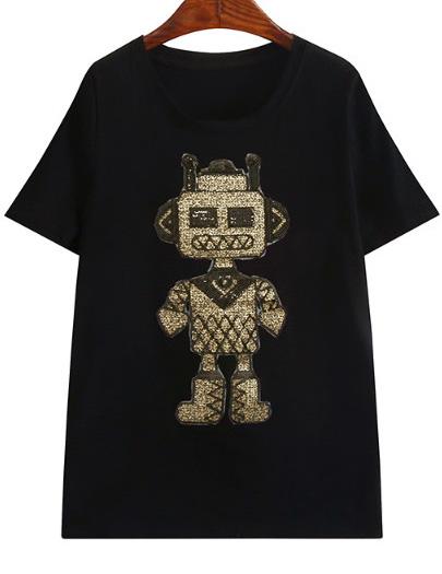 Romwe With Sequined Robot Pattern Black T-shirt