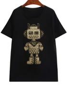Romwe With Sequined Robot Pattern Black T-shirt