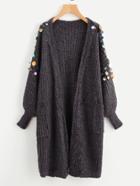 Romwe Sequin Detail Lantern Sleeve Sweater Coat