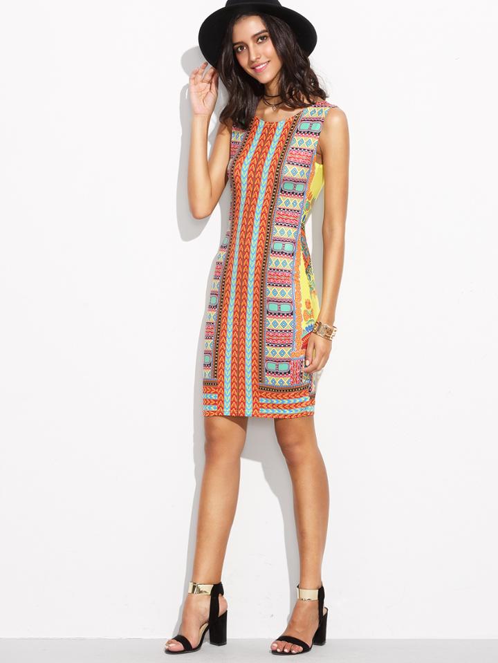 Romwe Tribal Print Slit Back Sheath Dress