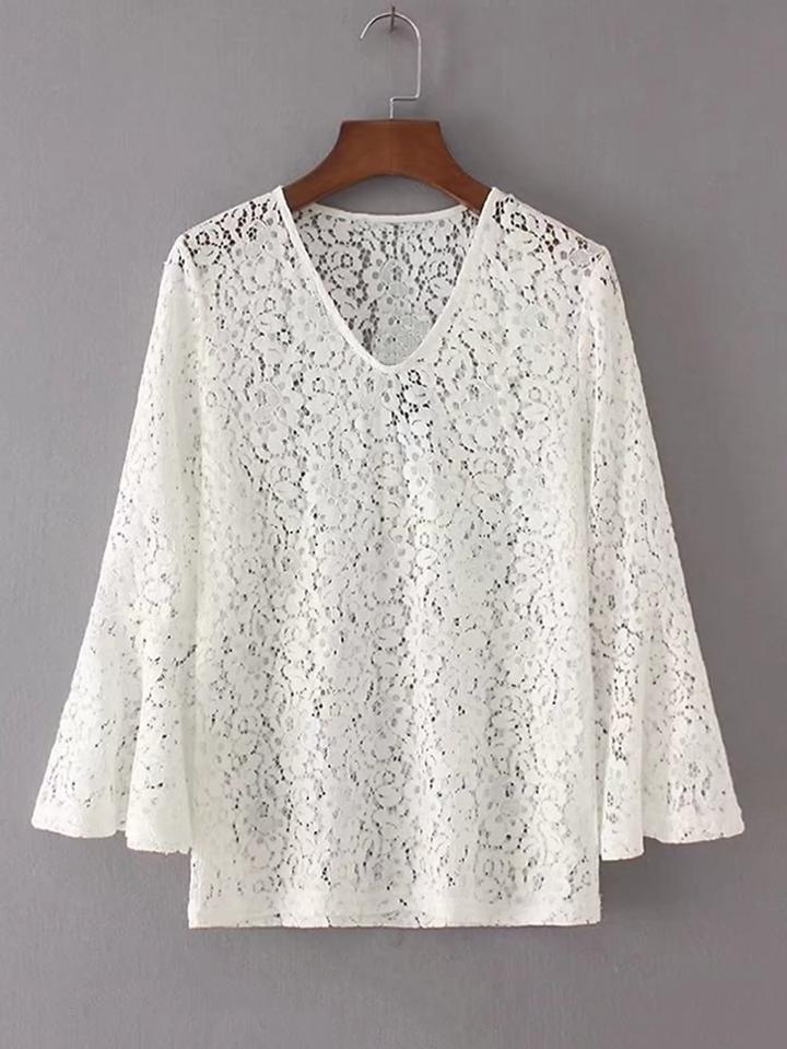 Romwe Bell Sleeve Crochet Lace Top