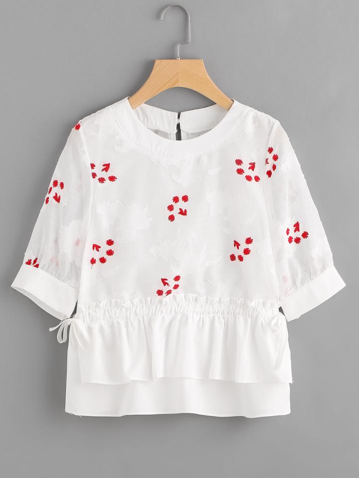 Romwe Embroidery Frill Trim Peplum Blouse
